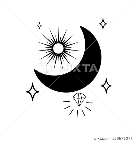 Black and white vector illustration of a crescent moon with radiant sun, stars, and crystal. Minimal mystical design for tattoo, logo, print, or poster. 139678077