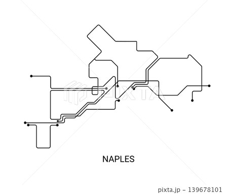 Minimal black and white vector illustration of an approximate Naples metro map with route lines and station dots. Minimal black and white vector illustration of an approximate Naples metro map with route lines and station dots. 139678101