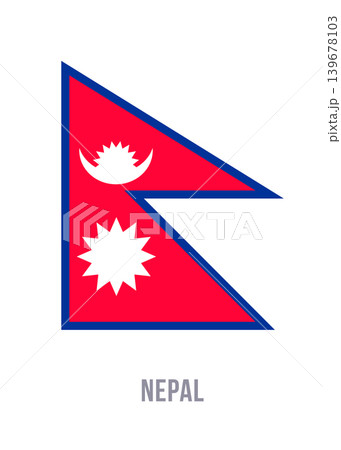 Flat vector illustration of the national flag of Nepal with crescent and sun symbols, isolated on a white background. Flat vector illustration of the national flag of Nepal with crescent and sun symbols, isolated on a white background. 139678103