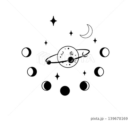 Black and white vector illustration of a ringed planet with moon phases and stars. Minimal celestial design for tattoo, print, poster, or logo. 139678169