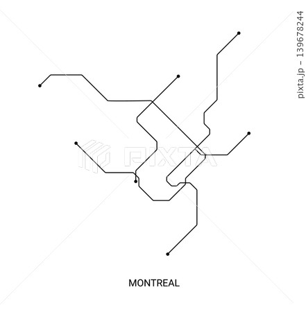 Minimal black and white vector illustration of an approximate Montreal metro map with clean lines and station dots. Minimal black and white vector illustration of an approximate Montreal metro map with clean lines and station dots. 139678244