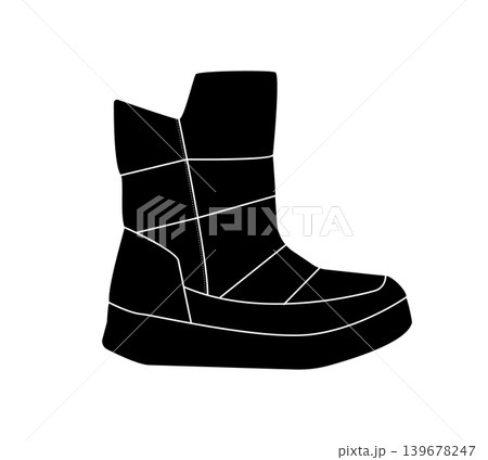 Black silhouette of a padded moon boot with thick platform sole. Vector illustration of warm winter snow footwear isolated on white background. Black silhouette of a padded moon boot with thick platform sole. Vector illustration of warm winter snow footwear isolated on white background. 139678247