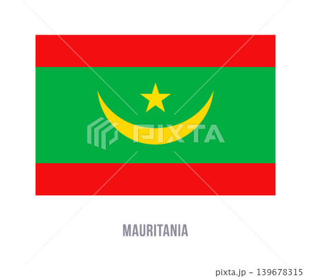 Flat vector illustration of the Mauritania national flag with red stripes, green field, yellow crescent, and star for country symbol design. Flat vector illustration of the Mauritania national flag with red stripes, green field, yellow crescent, and star for country symbol design. 139678315