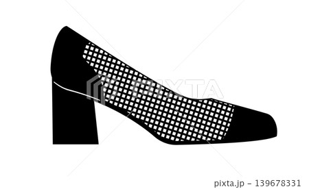 Silhouette illustration of women pumps with mesh upper and block heel. Stylish fashion footwear vector illustration isolated on white background. Silhouette illustration of women pumps with mesh upper and block heel. Stylish fashion footwear vector illustration isolated on white background. 139678331