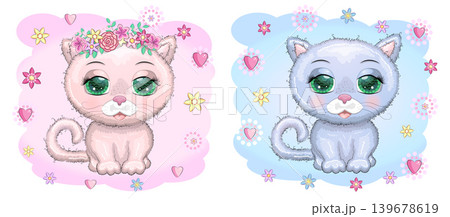 Cute cartoon pink cat, kitten on a background of flowers among butterflies Cute cartoon pink cat, kitten on a background of flowers among butterflies 139678619