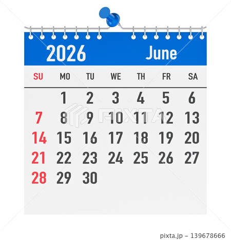 June 2026 wall calendar. 3D rendering 139678666