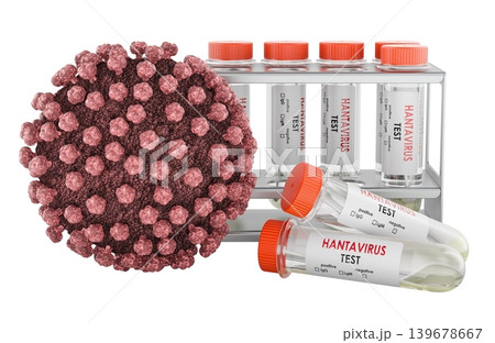 Laboratory Test Tubes for Hantavirus in a laboratory rack with Virus Particle, 3D Rendering 139678667