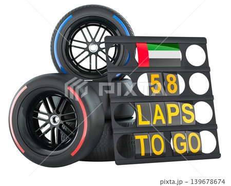 The United Arab Emirates racing, pit board with flag of the UAE and racing wheels with different compounds type tyres. 3D rendering The United Arab Emirates racing, pit board with flag of the UAE and racing wheels with different compounds type tyres. 3D rendering 139678674