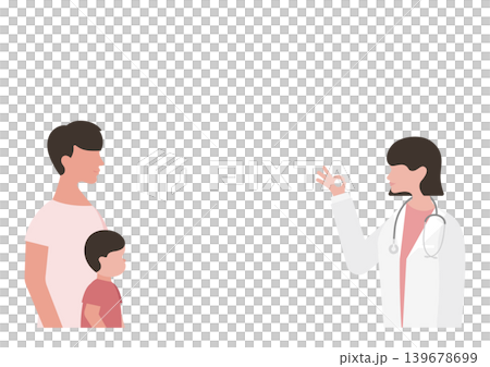 男孩和他的父親，以及一位女醫生做出「OK」手勢的向量插圖。 139678699