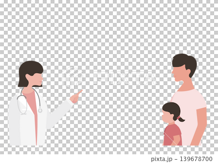 向量圖,描繪了一位女孩和她的父親,以及一位女醫生指著某物進行解釋。 向量圖,描繪了一位女孩和她的父親,以及一位女醫生指著某物進行解釋。 139678700