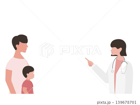 男の子と父親・指差し説明をする女医のベクターイラスト素材 139678701