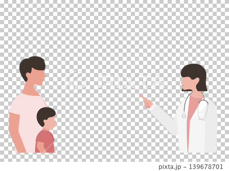 男孩、他的父親和一位女醫生的向量插圖,她們正在指著什麼來解釋。 男孩、他的父親和一位女醫生的向量插圖,她們正在指著什麼來解釋。 139678701