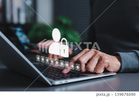 Cybersecurity and password privacy concept. User typing on laptop with digital login icon, lock symbol, passcode, secure access, authentication, online data protection, network safety system security Cybersecurity and password privacy concept. User typing on laptop with digital login icon, lock symbol, passcode, secure access, authentication, online data protection, network safety system security 139678890