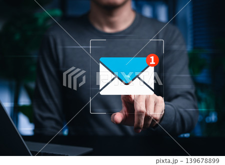 Email notification and digital communication concept. User pressing virtual envelope alert with unread message badge, online inbox, business contact, newsletter, customer support, internet technology Email notification and digital communication concept. User pressing virtual envelope alert with unread message badge, online inbox, business contact, newsletter, customer support, internet technology 139678899