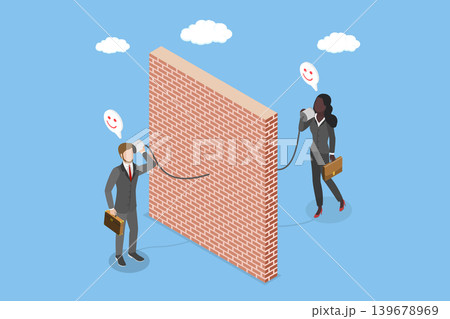 3D Isometric Flat Vector Illustration of Comunication Barrier, People Communicate Through Paper Cup Phone And String Illustration On Big Wall. 139678969