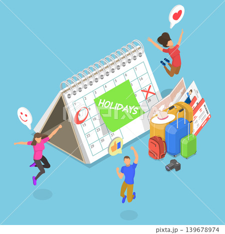 3D Isometric Flat Vector Illustration of Holidays Calendar, Schedule Reminder of Annual Leave 139678974