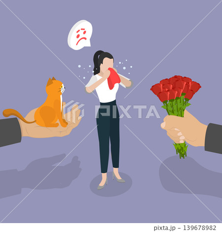 3D Isometric Flat Vector Illustration of Allergy, Person Sneezes And Wipes Nose With Tissue Due To Cat Or Flower Allergies 139678982