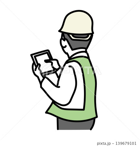 イラスト素材: ヘルメットを被りタブレット端末を操作する作業着の男性の後ろ姿 イラスト素材: ヘルメットを被りタブレット端末を操作する作業着の男性の後ろ姿 139679101