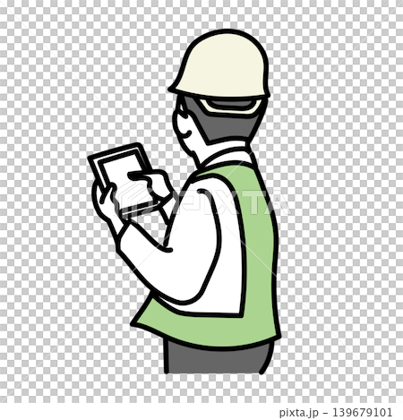 イラスト素材: ヘルメットを被りタブレット端末を操作する作業着の男性の後ろ姿 イラスト素材: ヘルメットを被りタブレット端末を操作する作業着の男性の後ろ姿 139679101
