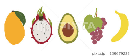 Minimalist geometric fruit set including mango dragon fruit avocado grapes and banana on white background 139679225