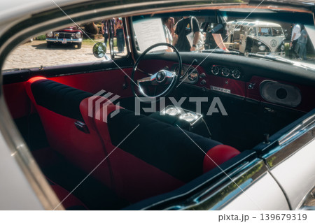 Berlin, Germany - May 2, 2026: Vintage Studebaker Interior at Auto Exhibition Berlin, Germany - May 2, 2026: Vintage Studebaker Interior at Auto Exhibition 139679319