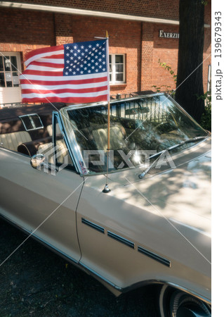 Berlin, Germany - May 2, 2026: United States Flag on Classic Convertible Berlin, Germany - May 2, 2026: United States Flag on Classic Convertible 139679343