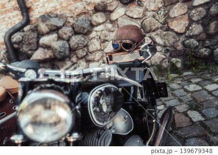 Berlin, Germany - May 2, 2026: Vintage Motorcycle Helmet Detail 139679348