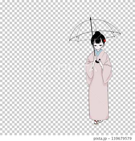 A woman in a kimono walking with an umbrella; front view; eyes downcast. 139679579