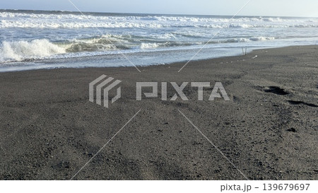 A sweeping landscape view of a dark volcanic sand beach meeting the crashing waves of a white ocean. This beach photography captures the texture of the wet black shoreline reflecting the bright A sweeping landscape view of a dark volcanic sand beach meeting the crashing waves of a white ocean. This beach photography captures the texture of the wet black shoreline reflecting the bright 139679697