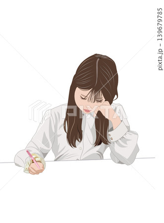 頬杖をつき勉強をする若い女性イラスト 頬杖をつき勉強をする若い女性イラスト 139679785