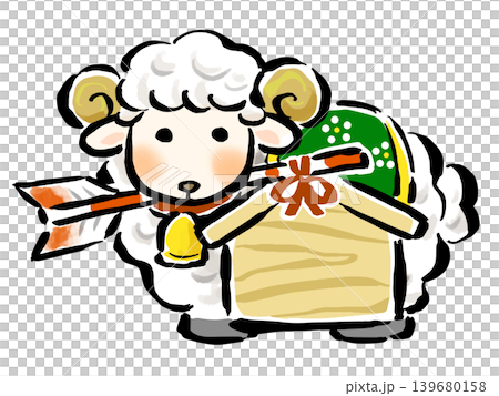 一隻羊(中國生肖動物)嘴裡叼著一支繫在繪馬(供牌)上的吉祥箭。 (留有文字空間) 一隻羊(中國生肖動物)嘴裡叼著一支繫在繪馬(供牌)上的吉祥箭。 (留有文字空間) 139680158