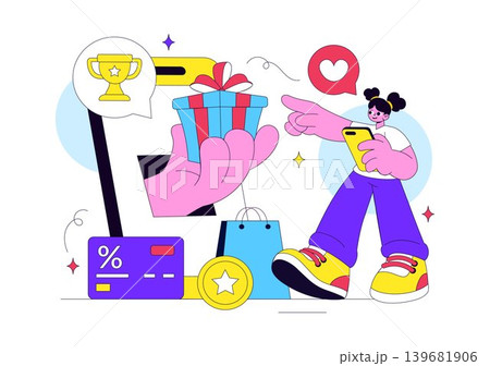 Loyalty Program Vector Illustration Featuring Customer Rewards, Shopping Benefits, Membership Points and Digital Cashback Design Loyalty Program Vector Illustration Featuring Customer Rewards, Shopping Benefits, Membership Points and Digital Cashback Design 139681906