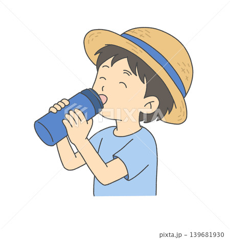 麦わら帽子の男の子が水筒で水分補給するイラスト 麦わら帽子の男の子が水筒で水分補給するイラスト 139681930