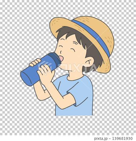麦わら帽子の男の子が水筒で水分補給するイラスト 麦わら帽子の男の子が水筒で水分補給するイラスト 139681930