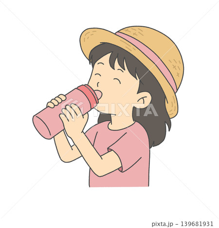 麦わら帽子の女の子が水筒で水分補給するイラスト 139681931