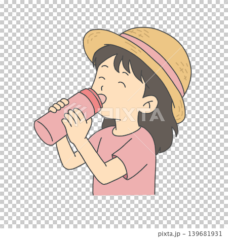麦わら帽子の女の子が水筒で水分補給するイラスト 139681931