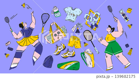Large badminton set on purple, girls playing a game with rackets among the equipment, sports activities Large badminton set on purple, girls playing a game with rackets among the equipment, sports activities 139682175