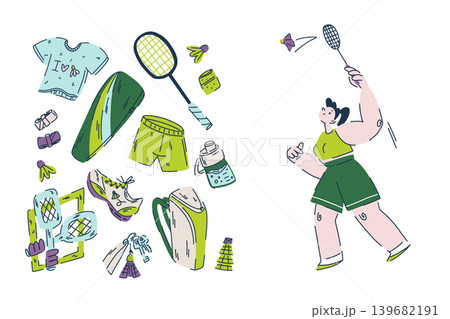 Playful badminton collection in green tones, sporty girl playing with racket and shuttlecock, hobbies and sports activities Playful badminton collection in green tones, sporty girl playing with racket and shuttlecock, hobbies and sports activities 139682191