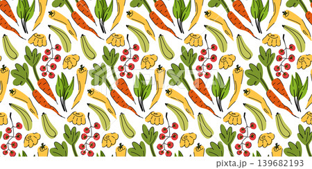 A rich, vibrant pattern featuring farm-fresh young crops for local markets, packaging, paper, and fabric. Seamless Pattern with Hand-Drawn Vegetables A rich, vibrant pattern featuring farm-fresh young crops for local markets, packaging, paper, and fabric. Seamless Pattern with Hand-Drawn Vegetables 139682193