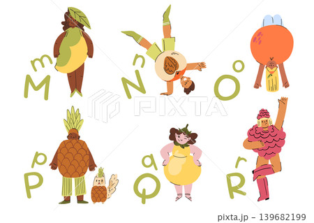 educational poster from M to R with diverse people in fruit and berry costumes, dressed up people for learning the alphabet educational poster from M to R with diverse people in fruit and berry costumes, dressed up people for learning the alphabet 139682199