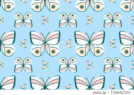 Seamless pattern with white butterflies on blue, flying in a checkerboard pattern 139682205