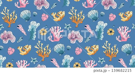 A rich seamless pattern with corals and seashells on a rich blue background, multi-colored underwater inhabitants and objects A rich seamless pattern with corals and seashells on a rich blue background, multi-colored underwater inhabitants and objects 139682215