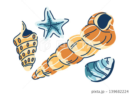 Set of cone seashells, starfish and rocks doodle, nautical beach finds, decorative clam shells Set of cone seashells, starfish and rocks doodle, nautical beach finds, decorative clam shells 139682224