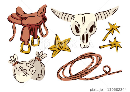 Wild West collection of items bank robbery, lasso, bison skull, money bags, saddle, sheriff s star Wild West collection of items bank robbery, lasso, bison skull, money bags, saddle, sheriff s star 139682244