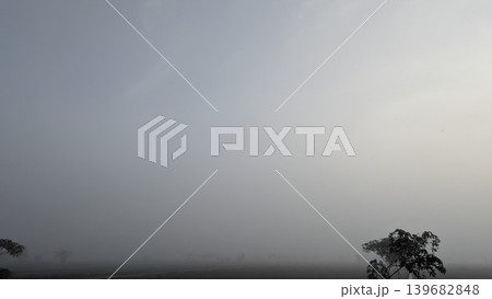 A serene, foggy landscape with a subtle color gradient from blue-gray to pale yellow on the right. Dense mist obscures the horizon, leaving only faint silhouettes of trees. Minimalist atmospheric view A serene, foggy landscape with a subtle color gradient from blue-gray to pale yellow on the right. Dense mist obscures the horizon, leaving only faint silhouettes of trees. Minimalist atmospheric view 139682848