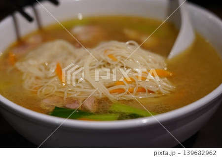 Delicious Noodle Soup with Vegetables and Chicken 139682962