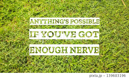 An empowering quote, ANYTHING'S POSSIBLE IF YOU'VE GOT ENOUGH NERVE, boldly displayed against a vibrant, lush green grassy background, signifying growth and potential. An empowering quote, ANYTHING'S POSSIBLE IF YOU'VE GOT ENOUGH NERVE, boldly displayed against a vibrant, lush green grassy background, signifying growth and potential. 139683196