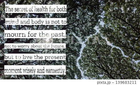 An uplifting quote on the secret to health mind and body, emphasizing present moment living, overlaid on a lush green forest canopy with sunlight filtering through. An uplifting quote on the secret to health mind and body, emphasizing present moment living, overlaid on a lush green forest canopy with sunlight filtering through. 139683211