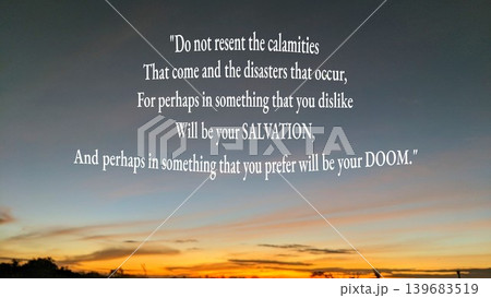 Profound quote on fate and acceptance against a serene sunrise sky. Embrace life's unpredictable journey for wisdom and peace. Profound quote on fate and acceptance against a serene sunrise sky. Embrace life's unpredictable journey for wisdom and peace. 139683519