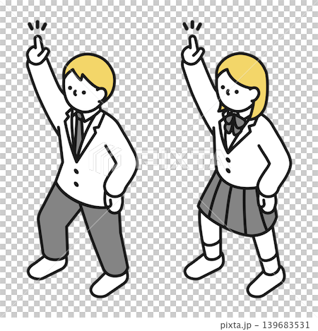 アイソメトリックイラスト：人差し指を上に指す高校生男女 139683531